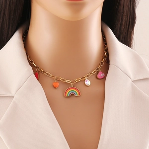 Pendant Necklace Stainless Steel Gold Plated Rainbow Heart Unicorn Star Enamel Drip Oil Fashion Jewelry For Women
