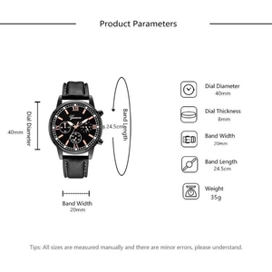 Dimensioni tecniche dell'orologio al quarzo da uomo 40mm con cinturino in pelle