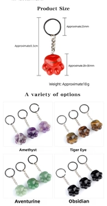 Detailed size chart for the 30mm natural crystal cat paw keychain in various gemstones