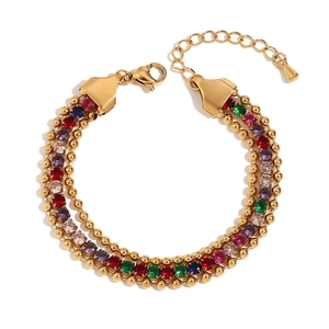 Three-layer 18K gold plated stainless steel bracelet with colorful zircon heart flowers