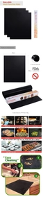 Detail of black non-stick fiberglass BBQ mats showing FDA approval and 40x50cm dimensions