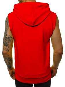 Rückansicht des roten ärmellosen Gym-Hoodies mit Fokus auf Material und Passform