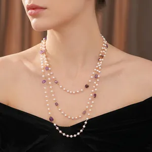 Three-layer vintage pearl and amethyst beaded necklace with gold chain for women