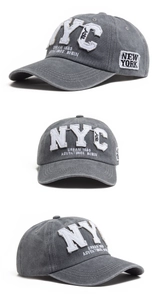 Détail de la casquette NYC grise vintage avec broderie 3D et écusson latéral en coton