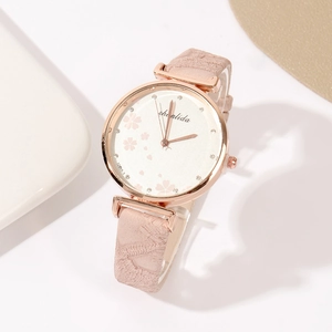 Classic vintage women's quartz watch with cherry blossom dial and pink leather strap