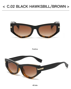 Detail of retro cat-eye sunglasses with black tortoiseshell frame and golden metal accents