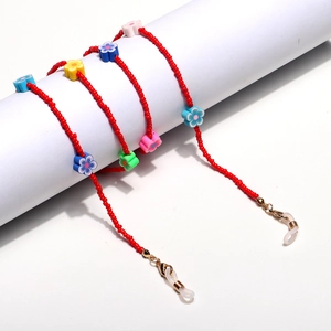 Colorful floral clay bead eyeglass chain with red seed beads and gold lobster clasps