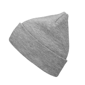 Close-up detail of grey ribbed knit beanie showing thick wool texture and folded cuff edge