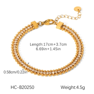 Detailed view of gold double-layer zircon bracelet with precise dimensions and weight