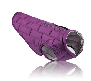 Detail of purple quilted dog vest with back zipper and grey reflective safety strips