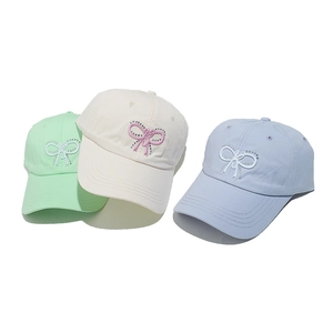 Summer cotton baseball caps with bow embroidery and rhinestones in pastel colors