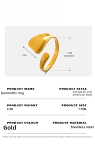Detailed view of adjustable gold stainless steel geometric ring with size and weight specs