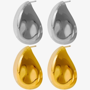 Detail view of 304 stainless steel water drop earrings in gold and silver finishes