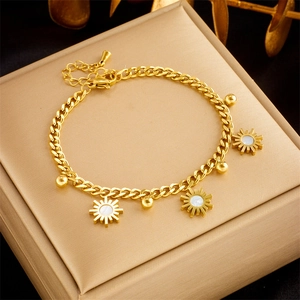 Stainless Steel Gold Plated Bracelet With Sun Mother Of Artificial Pearl Pendants Cuban Chain Adjustable Jewelry For Women