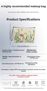 Detailed size chart for the floral print linen makeup bag showing 25cm x 17cm dimensions