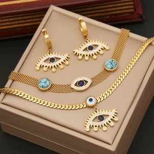 Evil Eye Necklace Bracelet Earrings Gold Plated Stainless Steel With Zircon And Turquoise For Women Aesthetic Fashion Accessory