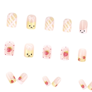 Sweet pink and yellow strawberry bear plaid short round press-on nails set of 24 pieces
