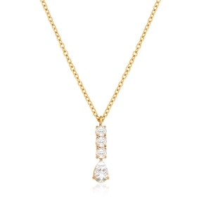 Detail van witte zirkoon hanger met druppelsteen aan gouden O-ketting halsketting