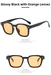 Detail of square sunglasses with bright black frame, orange lens and silver metal studs