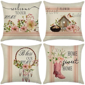 Set of 4 spring floral linen pillow covers with beige and pink flower patterns
