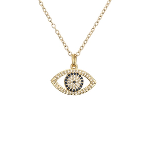 Elegant gold evil eye pendant necklace with micro-paved blue and white zircons