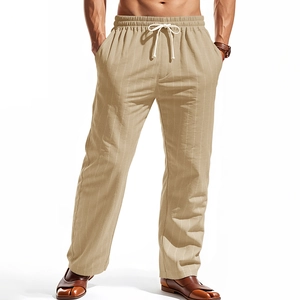 Detail of men's khaki linen trousers featuring vertical stripes and drawstring waist