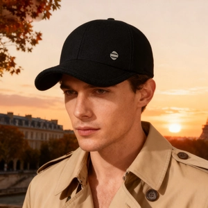 Men's winter black baseball cap with warm fleece lining and elegant metal side button