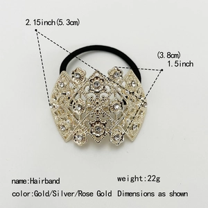 Detailed view of golden hollow carved hair band with rhinestones showing dimensions and weight