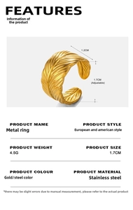 Detailed view of adjustable golden stainless steel feather ring with size specifications