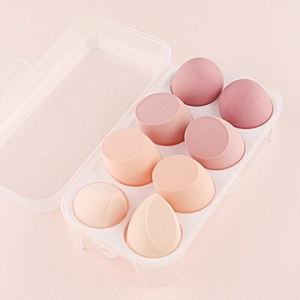 8-piece makeup sponge set with teardrop and slanted shapes in a clear storage box