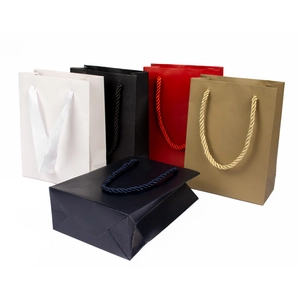 Matte finish gift paper bags in various colors with ribbon handles on white background