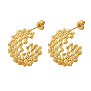 18K gold plated titanium steel C-shape hoop earrings with hollow honeycomb bead design