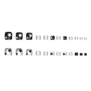 Star pattern press-on toenails in black matte and silver glitter 24pcs set