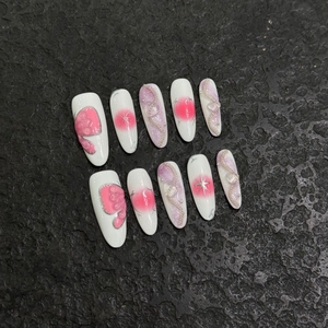 Handmade Press On Nails Long Almond Blush Pink Gradient With 3D Heart Silver Star Metal Chain Y2K Sweet Style For Women