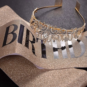 Pink and rose gold birthday girl set featuring a rhinestone tiara and glitter sash