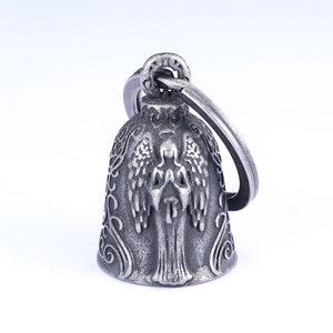 Vintage stainless steel guardian bell motorcycle keychain with embossed angel pattern