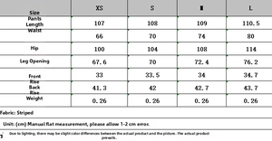 Size chart for striped linen blend tank top and balloon pants set with measurements in CM