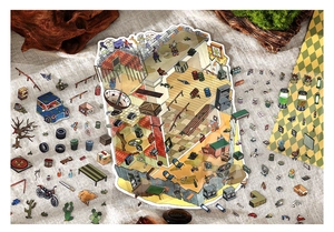 Flat lay of 3D wasteland landscape stickers with buildings and miniature vehicle accessories