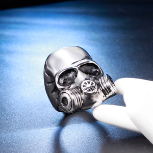 Vintage punk silver stainless steel skull gas mask ring for men in gothic biker style