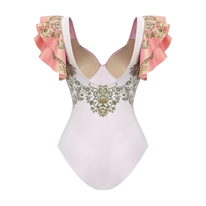 Detail of V-neck one-piece swimsuit with pink ruffled shoulders and floral print