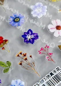 Macro view of transparent floral nail art stickers with realistic dried flower patterns