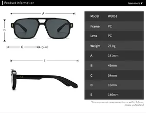 Detailed sizing chart and technical specifications for model W6061 retro pilot sunglasses