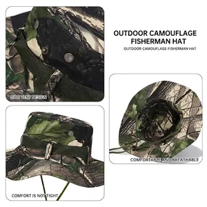Outdoor camouflage sun hat with wide brim, breathable eyelets and adjustable wind rope