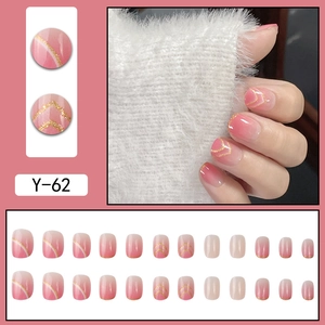 Pink gradient press-on nails with gold glitter lines, short almond shape, 24 pieces set