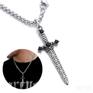 Gothic Sword Pendant Necklace Stainless Steel Vintage Dagger With Black Stones Hip Hop Punk Jewelry For Men Women
