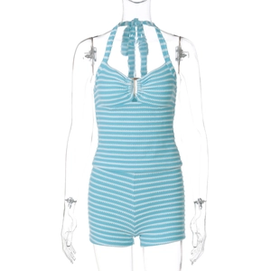 Detail of blue and white striped knit texture on backless halter top and shorts set