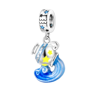 Detailed close-up of Aquarius zodiac charm with blue enamel and silver constellation beads