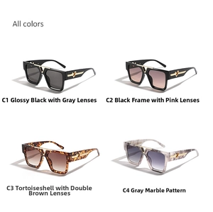 Macro view of four square oversized sunglasses with gold V decoration in various colors