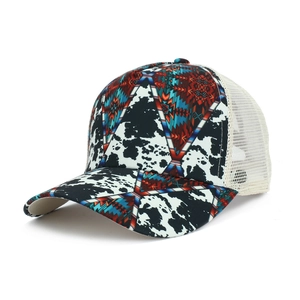 Ethnic printed baseball cap with white mesh back and crisscross ponytail hole for women