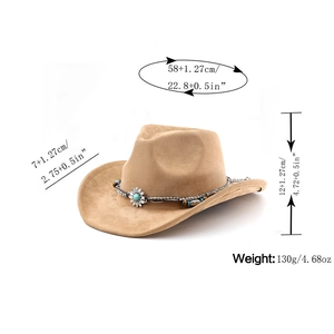 Detail view of khaki faux suede fedora showing size dimensions and ethnic bead trim